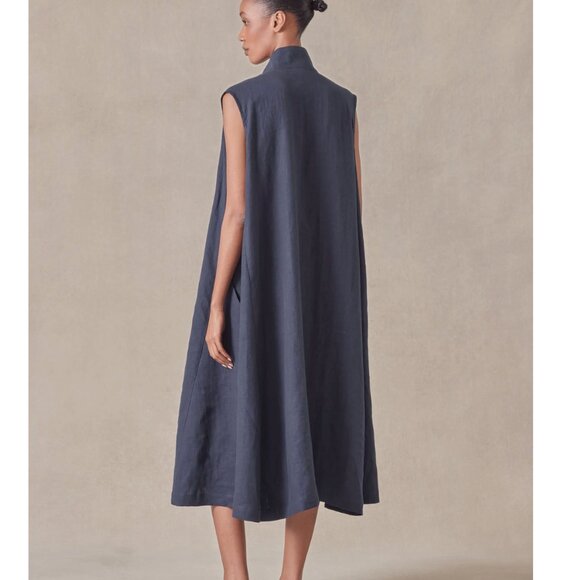 Eskandar Blue Linen Sleeveless Button Up Caucasus Shirt Dress with Pockets sz L - Picture 10 of 12